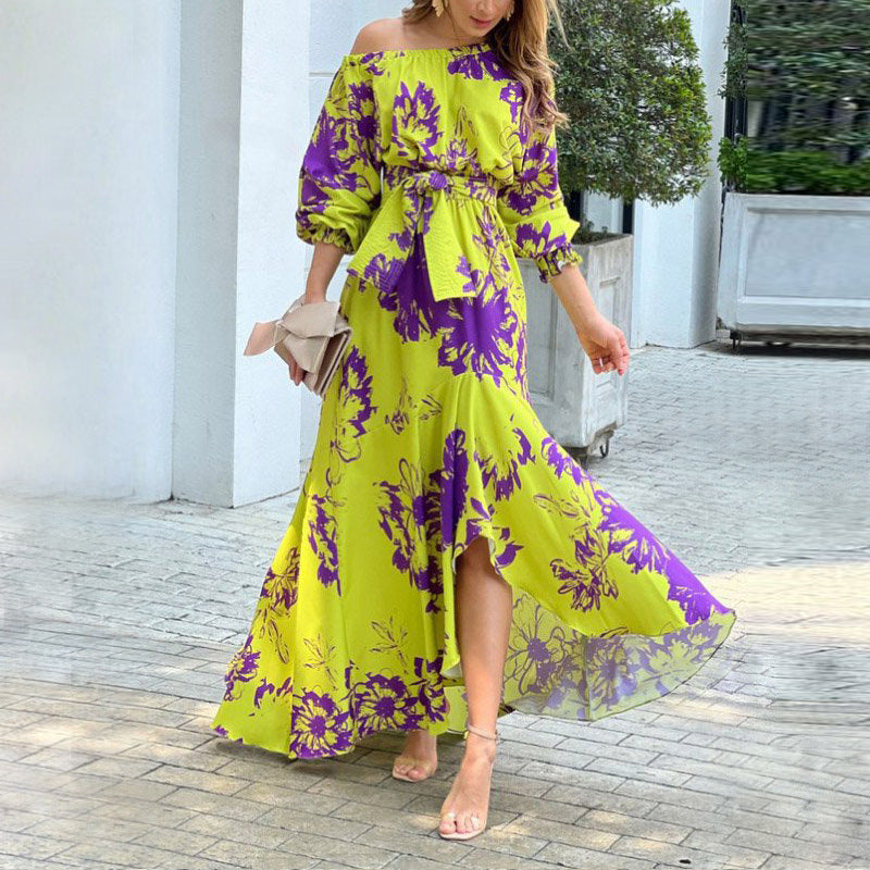 Women's maxi dress with asymmetrical hem and elegant puff sleeves Ivyshape