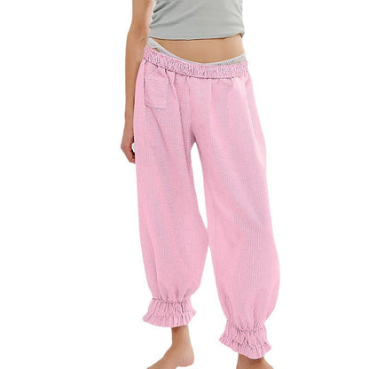 Women’s casual striped pants with elastic waistband and ruffle details Ivyshape