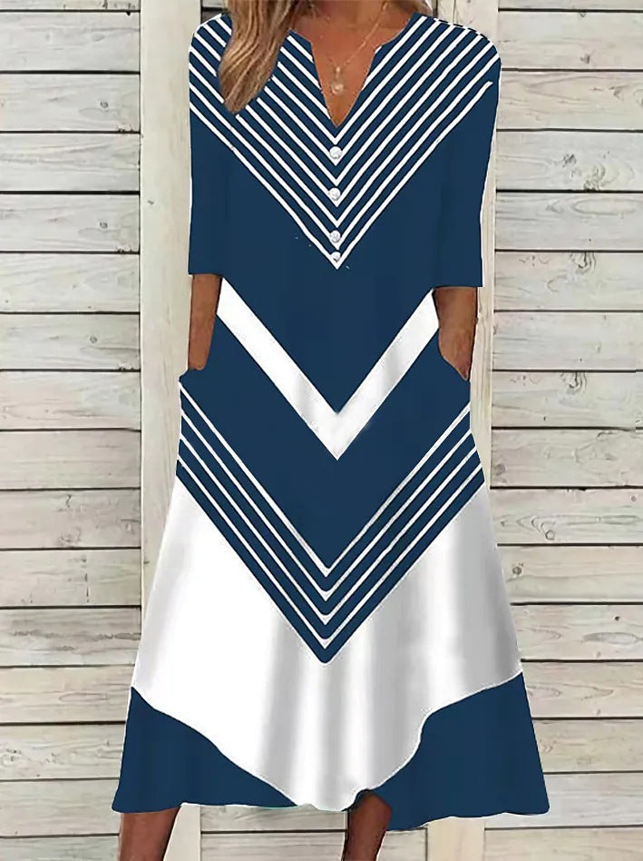 Women's trendy dress with V-neckline and striped pattern Ivyshape