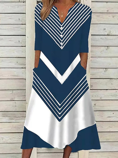 Women's trendy dress with V-neckline and striped pattern Ivyshape