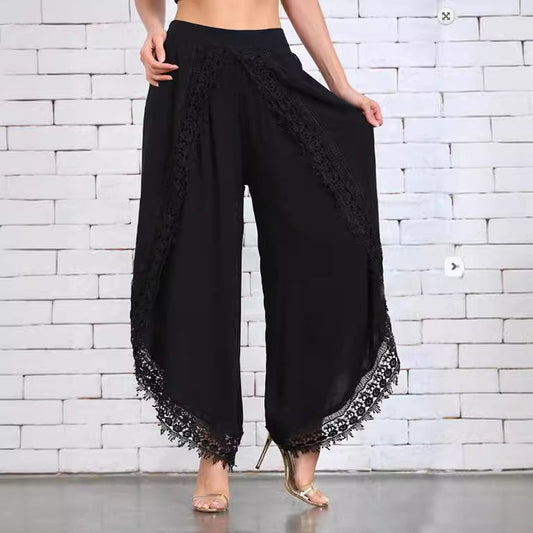 Ladies Elegant Lace Trim Wide Pants Ivyshape