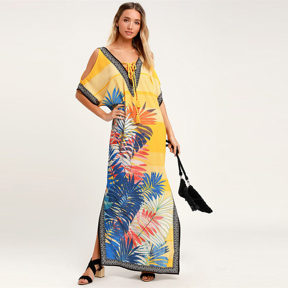 Women’s Maxi Kaftan with colorful pattern print and side slits Ivyshape