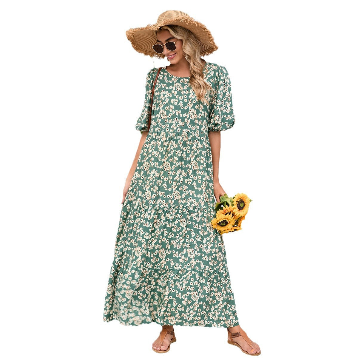 Women's maxi dress with floral design and airy puff sleeves Ivyshape