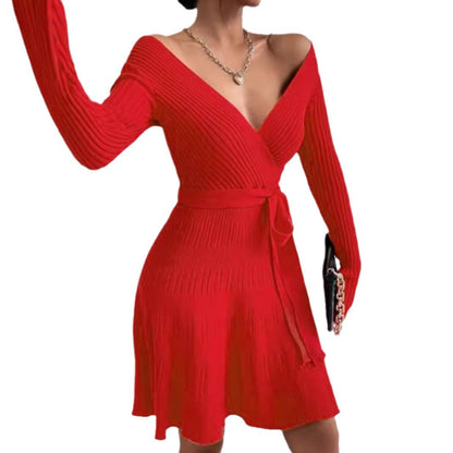 Women fitted wrap dress with stylish V-neckline and belt Ivyshape