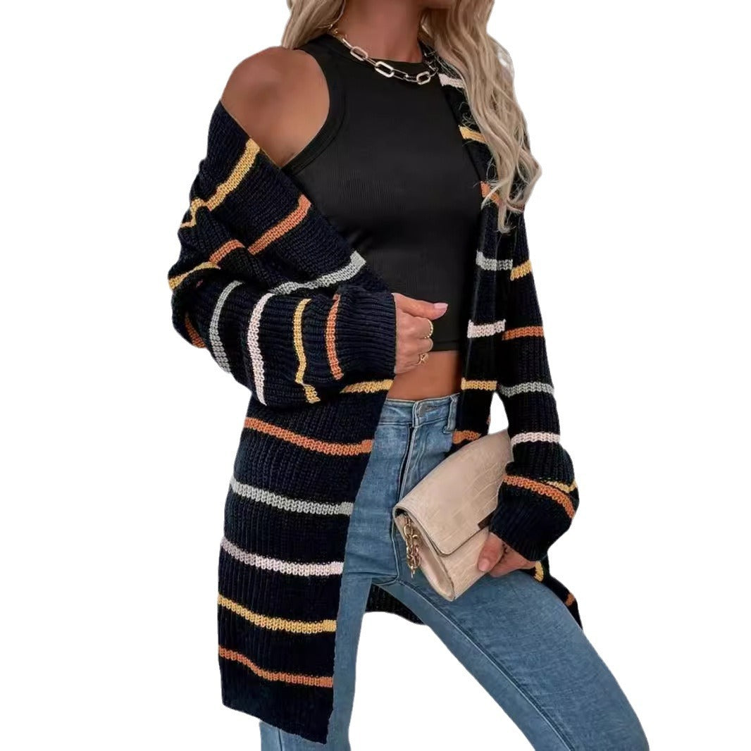Women's casual knit cardigan with colorful striped pattern and open front Ivyshape