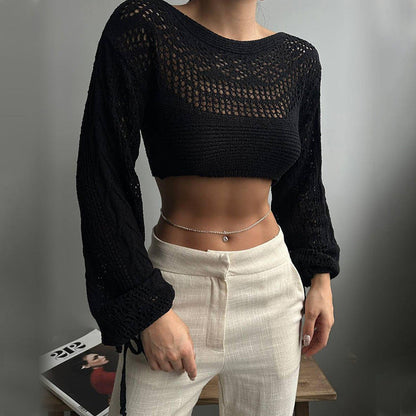 Ladies knit top with elegant lace pattern and wide sleeves Ivyshape