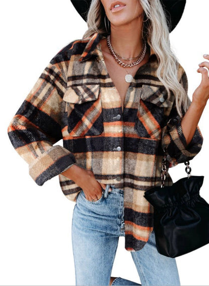 Women casual check blouse with decorative buttons and patch pockets Ivyshape