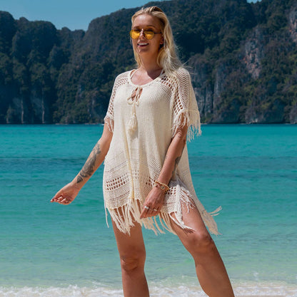 Ladies crochet beach wrap with fringed details and loose fit Ivyshape