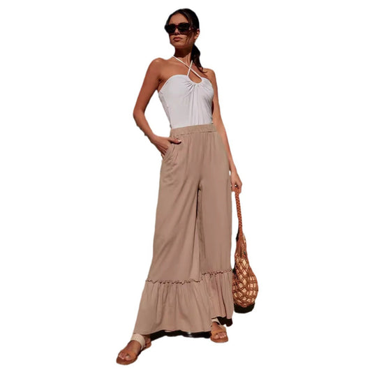 Ladies Flowing Wide Pants with Ruffle at Hem Ivyshape