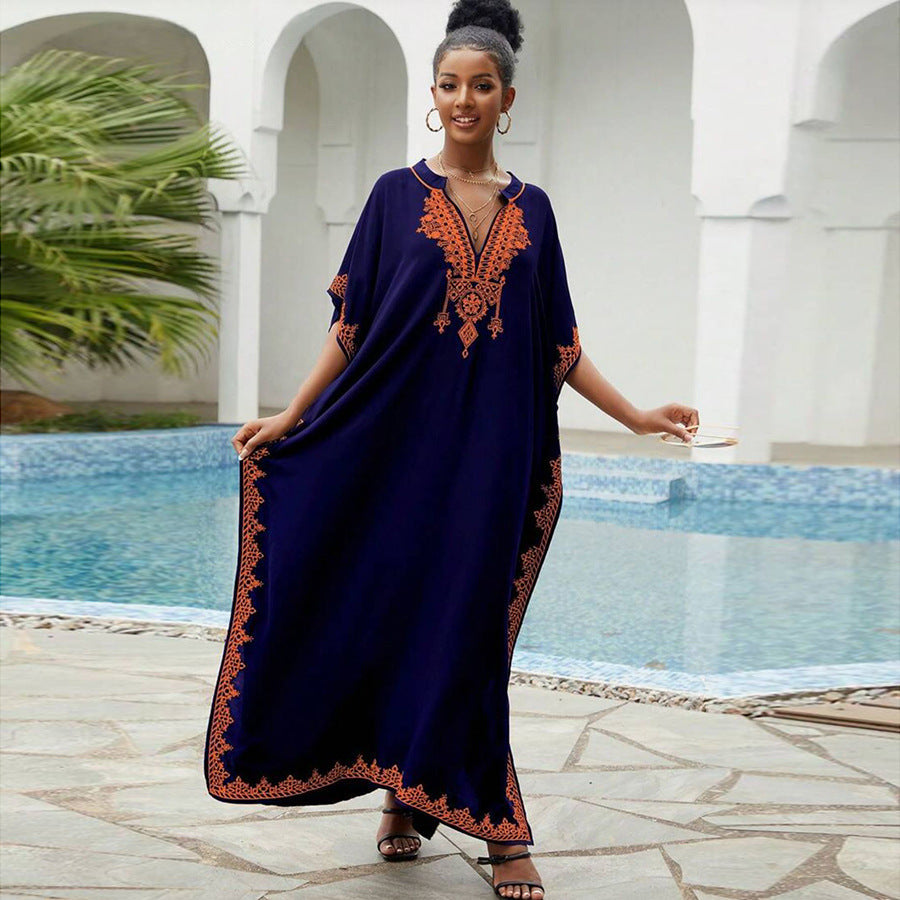 Women's long kaftan dress with luxurious embroidered trim Ivyshape