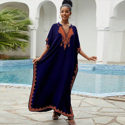 Women's long kaftan dress with luxurious embroidered trim Ivyshape