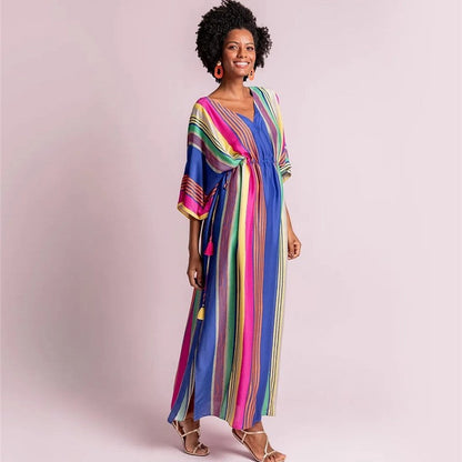 Women's Maxi Kaftan with festive striped pattern and side slit Ivyshape