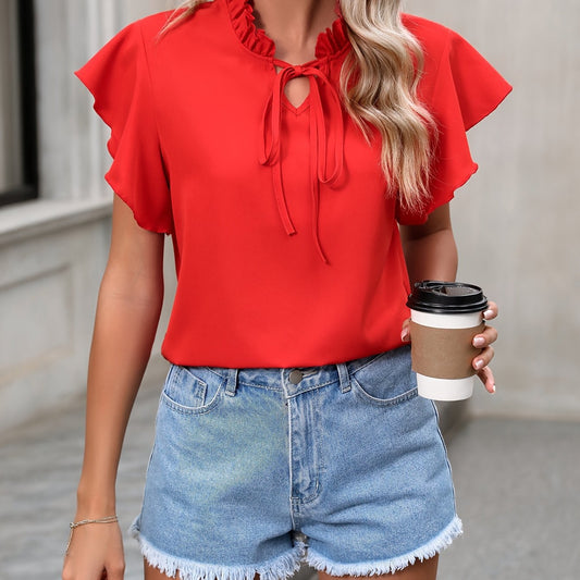 Ladies Ruffle Neckline Flutter Sleeve Blouse Ivyshape