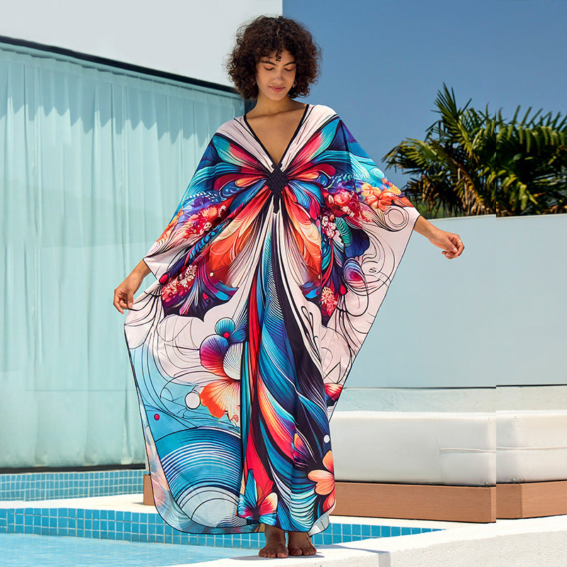 Women's beach dress with striking floral pattern design and flared cut Ivyshape