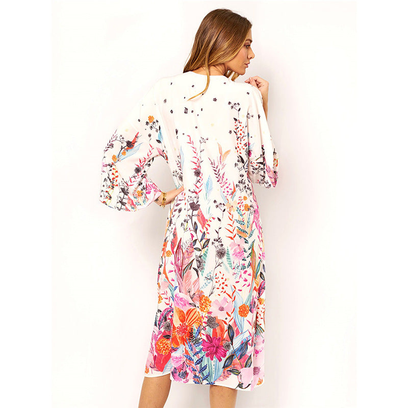 Women's floral beach kimono with wide-cut sleeves Ivyshape