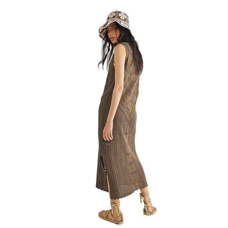 Women's airy crochet beach cover-up with deep V-neckline and decorative pattern Ivyshape