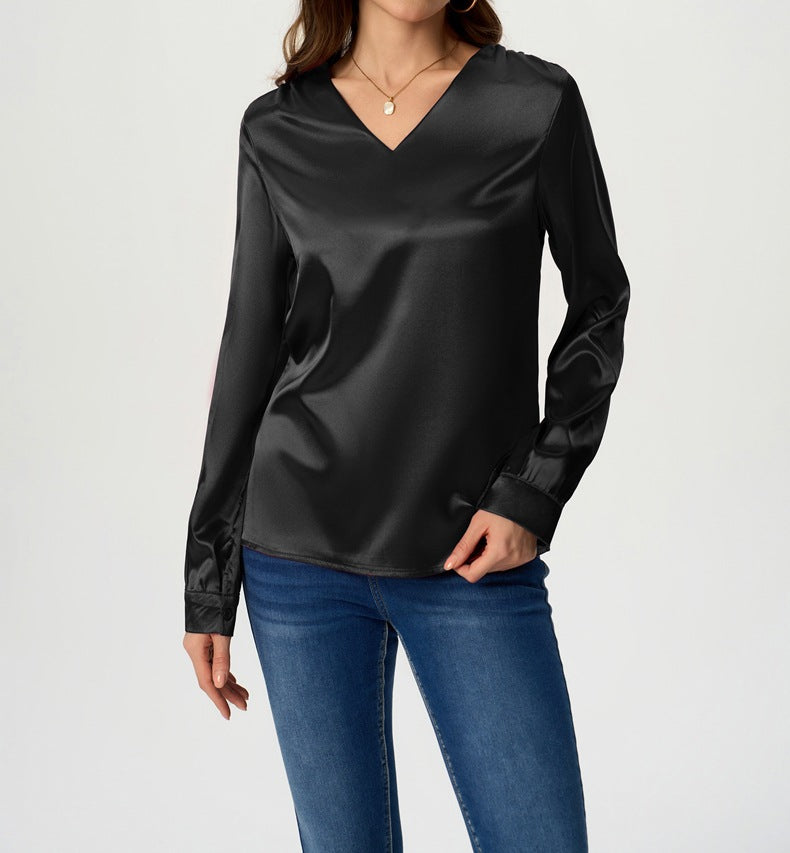 Ladies elegant V-neck satin top with long sleeves Ivyshape