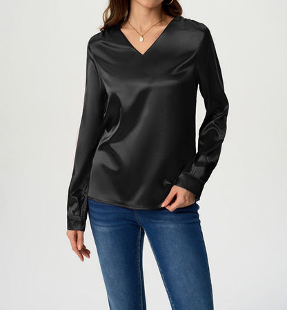 Ladies elegant V-neck satin top with long sleeves Ivyshape