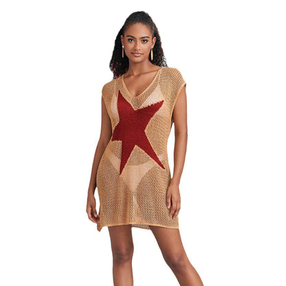 Ladies airy mesh beach dress with deep V-neckline and eye-catching star design Ivyshape