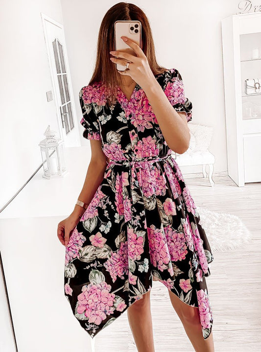 Women's asymmetrical blouse dress with floral design and fitted belt Ivyshape