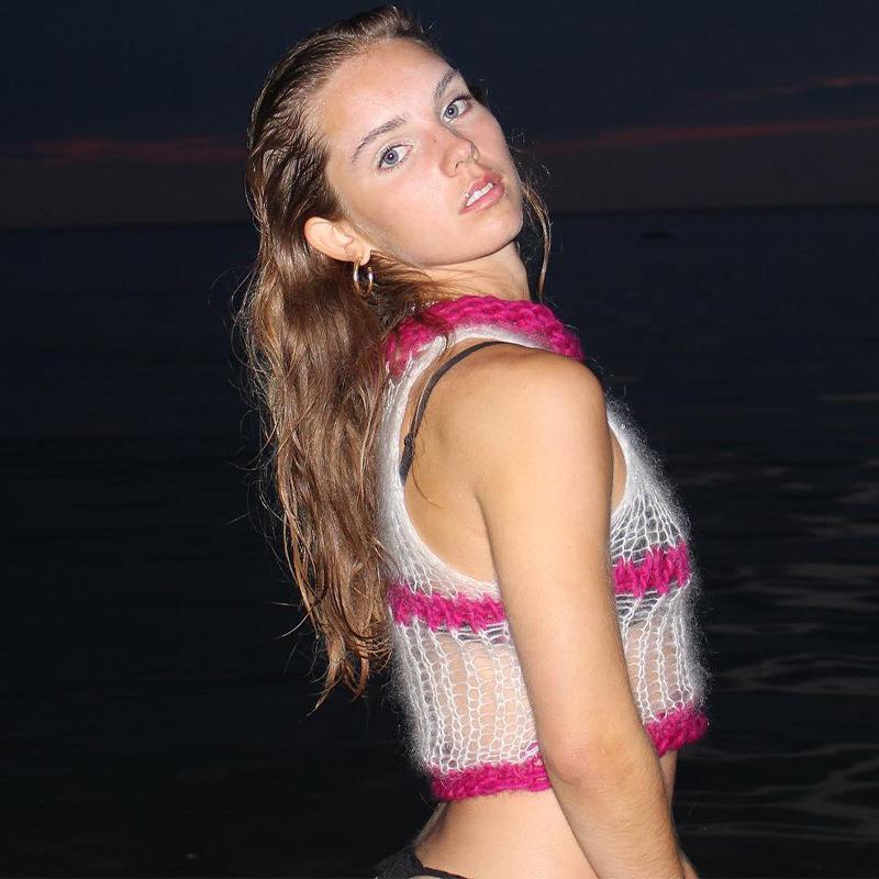 Ladies transparent crochet top with high collar and trendy details Ivyshape