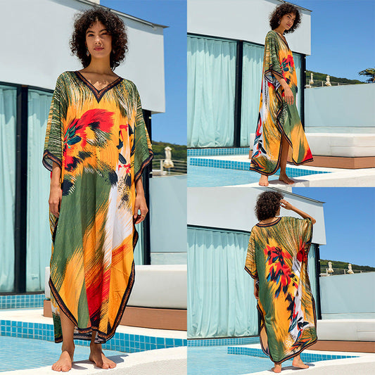 Ladies beach kaftan with cheerful floral design and loose fit Ivyshape