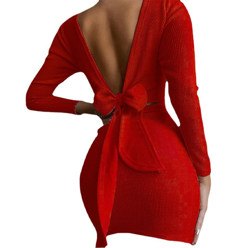 Women fitted mini dress with deep V-neck and bow detail Ivyshape