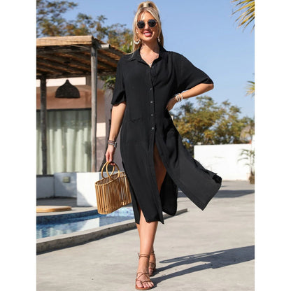 Ladies airy long sleeve shirt dress with practical pockets Ivyshape
