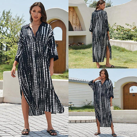 Women's casual beach cover-up in graphic design with deep V-neck and side slits Ivyshape