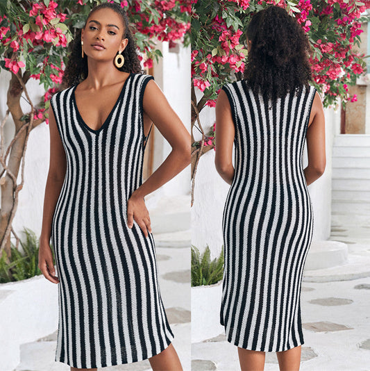 Women's knit dress with deep V-neck and sophisticated stripe pattern Ivyshape