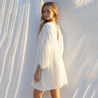 Women's casual beach dress with deep V-neckline and loose silhouette Ivyshape
