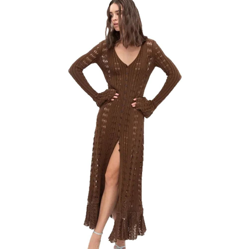 Women's knitted dress with romantic crochet pattern and voluminous sleeves Ivyshape