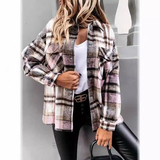 Women casual check blouse with decorative buttons and patch pockets Ivyshape
