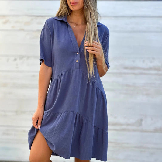 Women Short Sleeve Button-Up Swing Dress Ivyshape