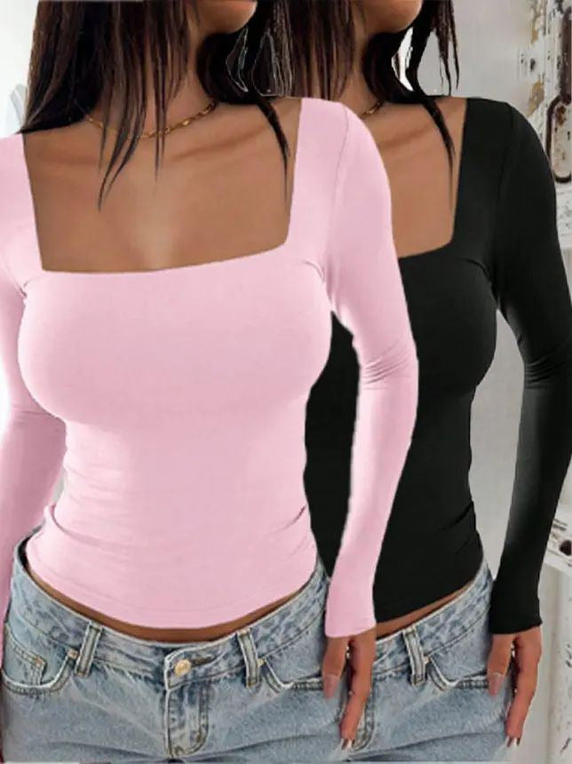 Women Long Sleeve Square Neck Top Ivyshape