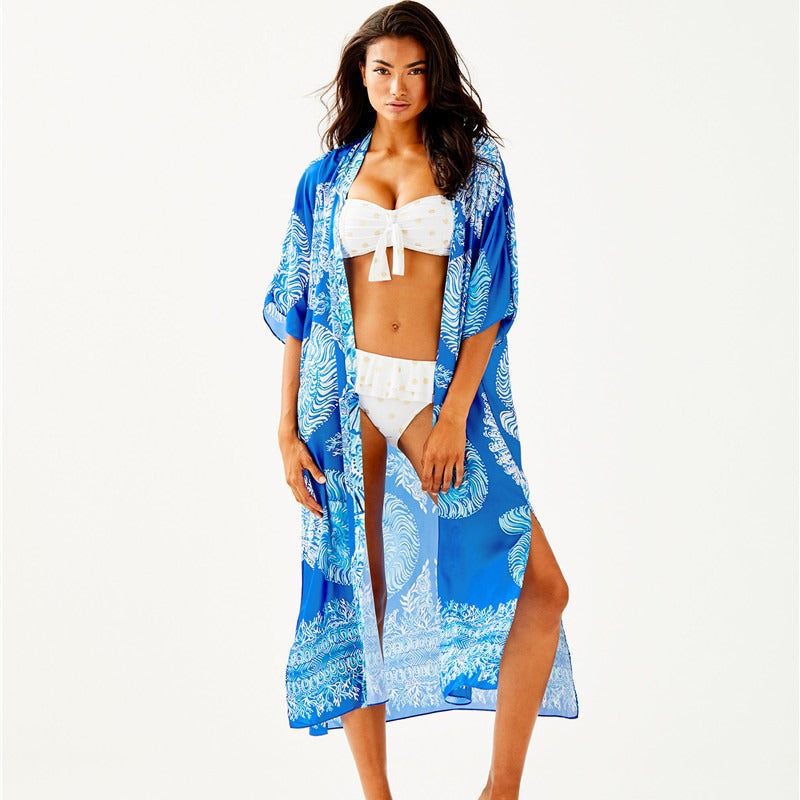 Women's beach kimono with artistic paisley pattern and side slits Ivyshape