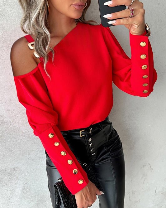 Women Asymmetric Long Sleeve Blouse with Gold Buttons Ivyshape