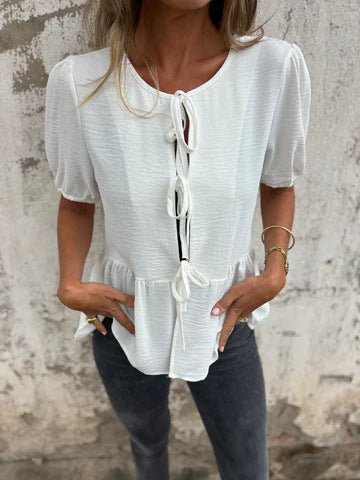 Ladies Ruffle Peplum Blouse with Tied Belt Ivyshape