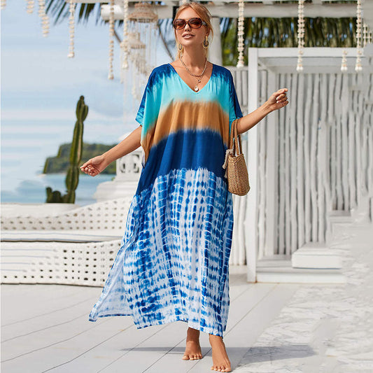 Ladies' maxi beach dress with striking dye pattern and flared cut Ivyshape