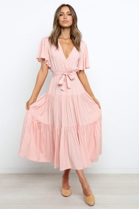 Women's Wrap Maxi Dress with Voluminous Sleeves and Ruffle Details Ivyshape