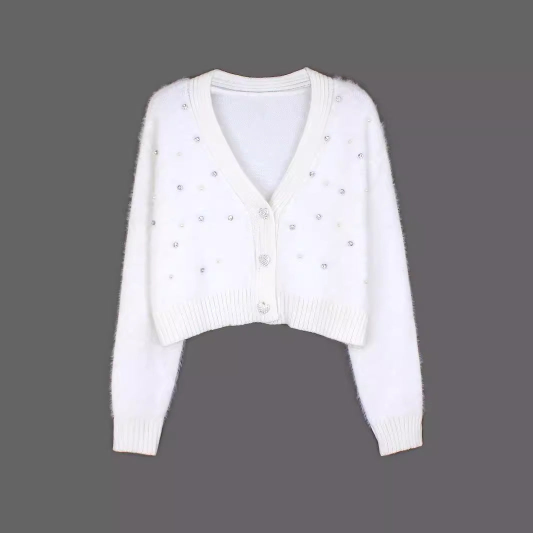 Women's Fuzzy Cardigan with Pearl Decoration Ivyshape