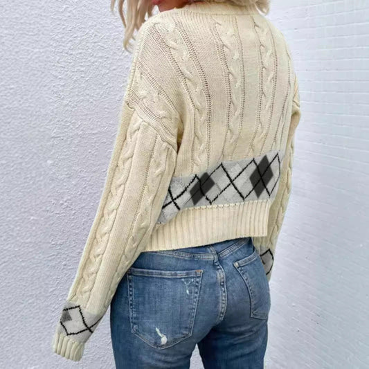 Women’s casual knitted cardigan with check pattern and cable pattern Ivyshape