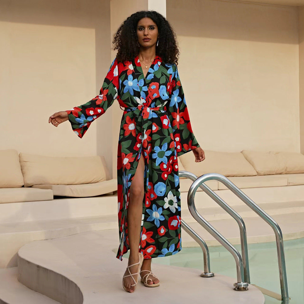 Ladies elegant flower kaftan with side slit Ivyshape