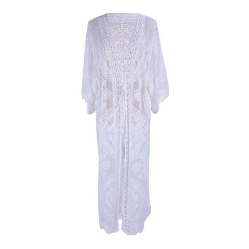 Women's crochet kimono made of fine lace with voluminous sleeves Ivyshape