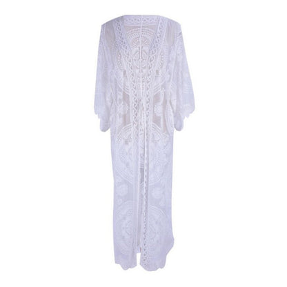 Women's crochet kimono made of fine lace with voluminous sleeves Ivyshape