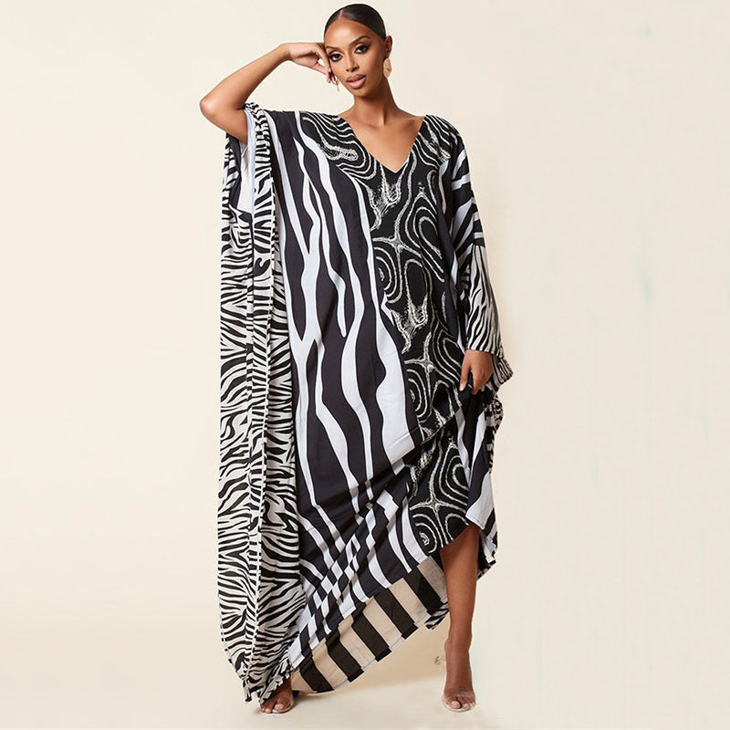 Ladies elegant kaftan with artistic zebra pattern and glittering accents Ivyshape