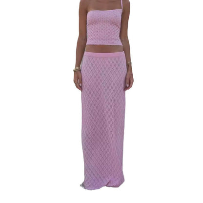 Ladies two-piece set in fashionable crochet design with form-fitting top and long skirt Ivyshape