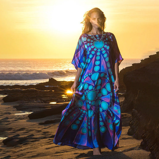 Women airy beach kaftan with colorful geometric pattern print Ivyshape