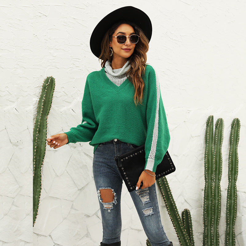 Women Trendy Sweater with High Collar and Wide Stripes Ivyshape