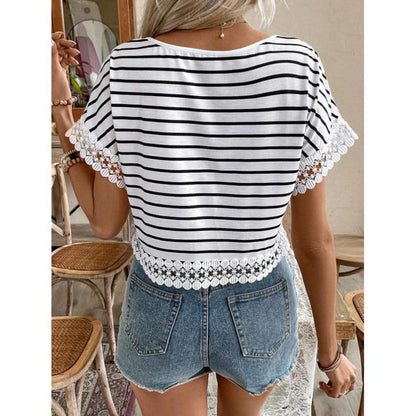 Ladies short sleeve blouse with lace trim and striped pattern Ivyshape
